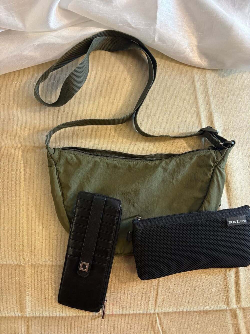 Gap Olive Green Nylon Crescent Crossbody Bag with Lodis Leather Wallet and Trave